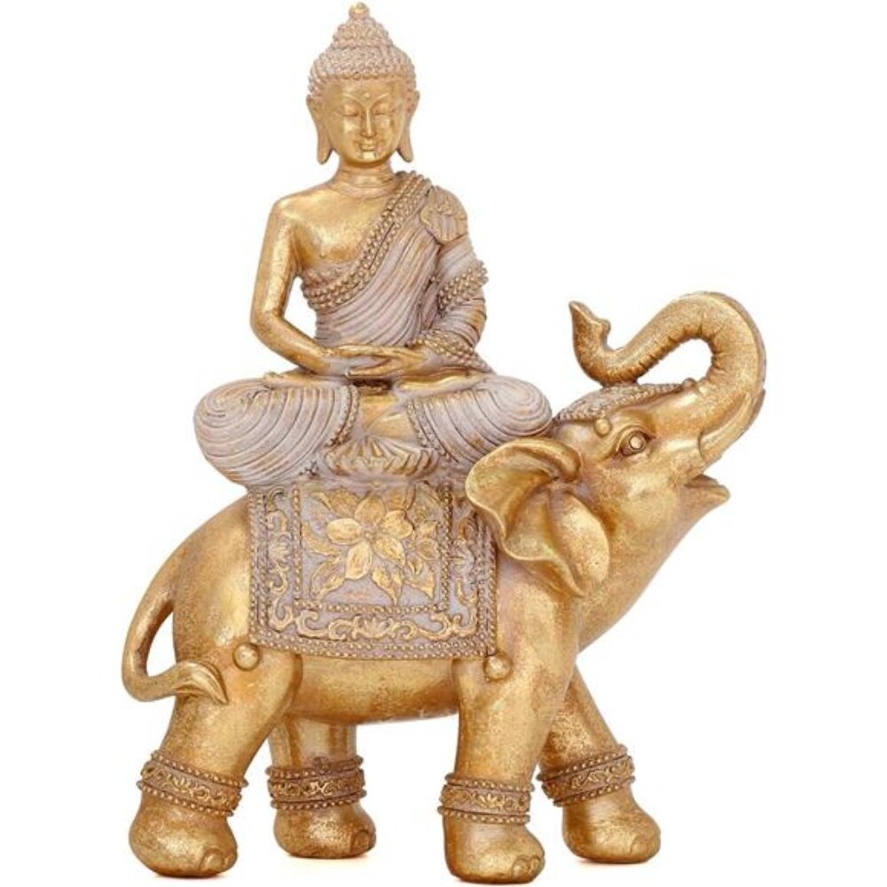Gold Buddha Statue Elephant Meditation Decor Zen Home Feng Shui Spiritual Gift